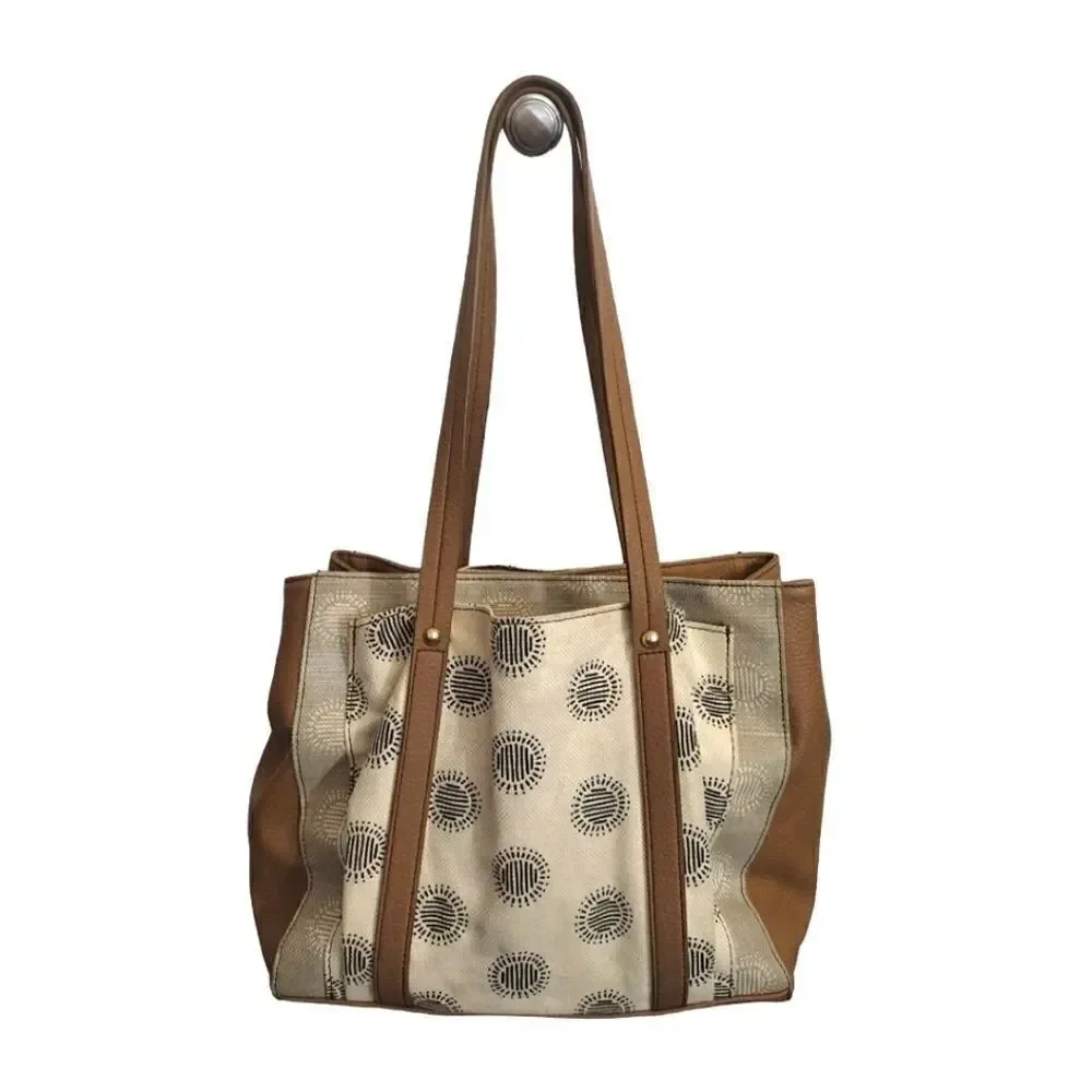 RELIC Printed Cream Canvas and Tan Faux Leather Shoulder Tote‎ Bag